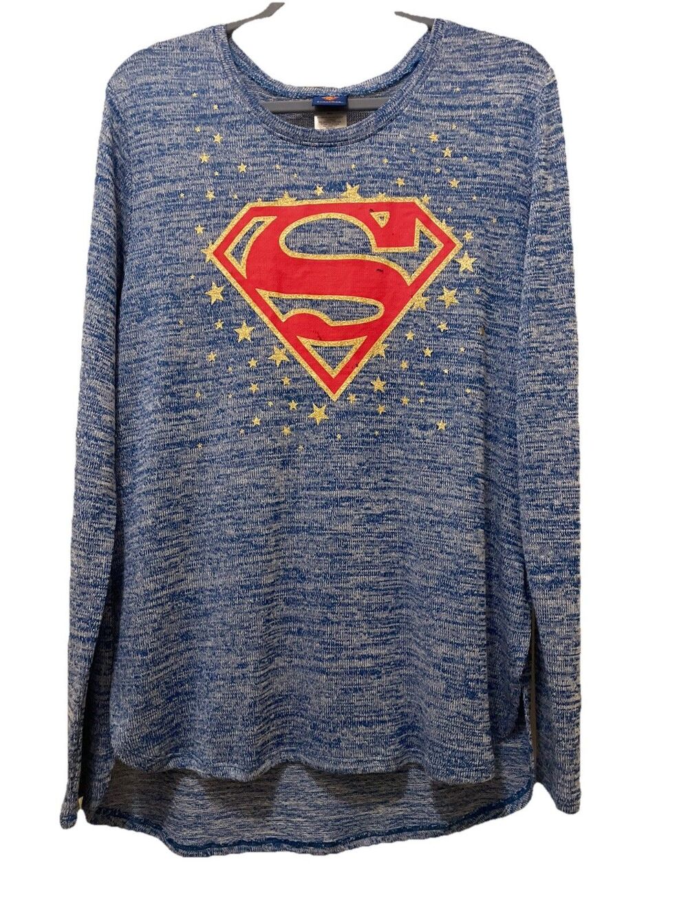 Superman Sweater Pullover Blue Heather Tunic Gold Stars Women’s XL VTG style